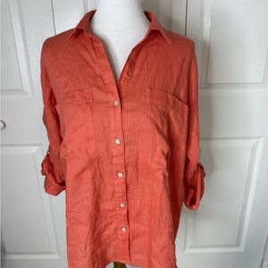 Magaschoni Pink Button Down Roll Tab Sleeve Linen Women's Long Sleeve Top Small